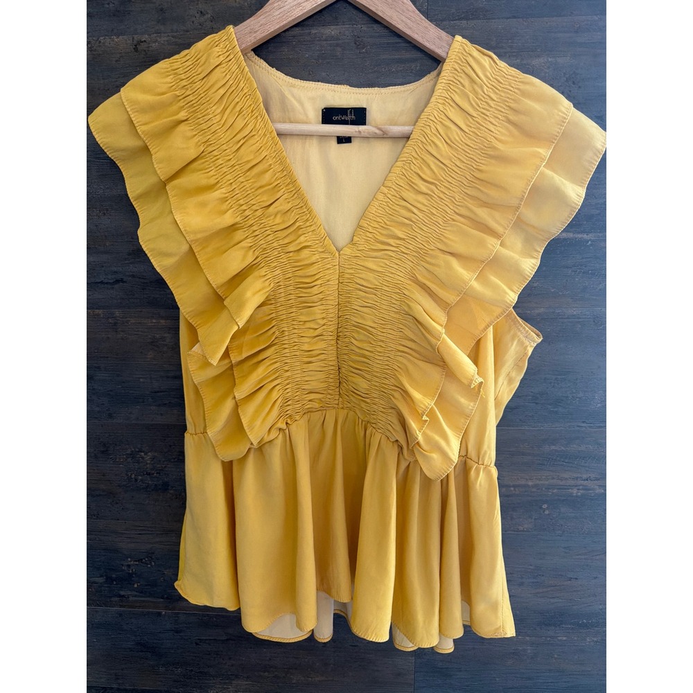 Ontwelfth Mustard Yellow Smocked Ruffle Peplum Blouse V-Neck Sleeveless Large